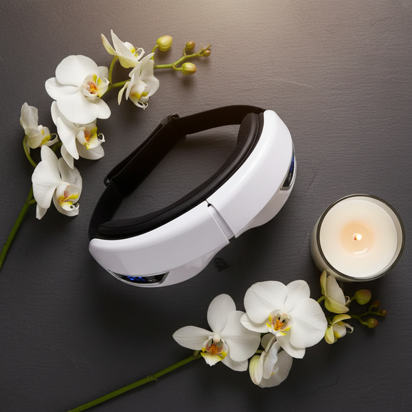 OptiEase 6D Relax eye mask laid on a dark surface with white orchids and a lit candle