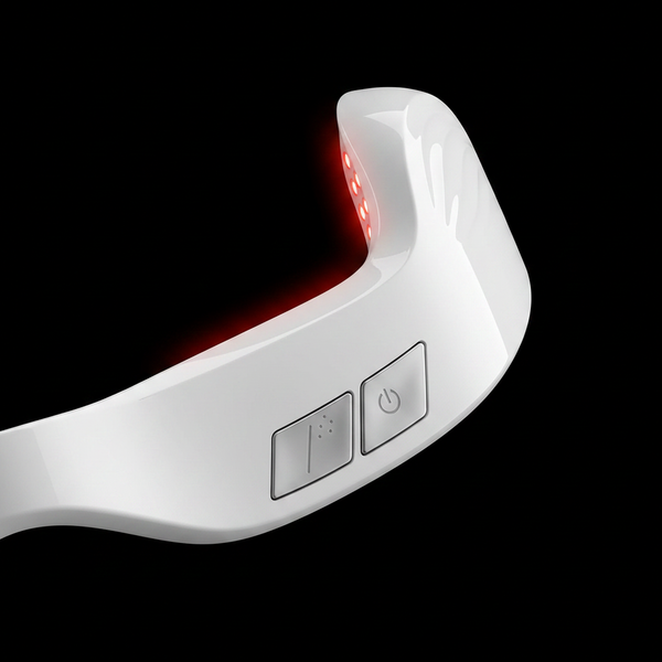 Close-up of the OptiEase Radiance Eye Spa LED visor showing its soft red light glow
